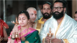  Kantara Chapter 1 actor Rishab Shetty visits Kollur Mookambika temple with Pragathi Shetty