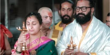  Kantara Chapter 1 actor Rishab Shetty visits Kollur Mookambika temple with Pragathi Shetty